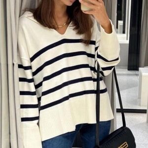 ZARA | Ecru Blue Striped Knit Polo Sweater